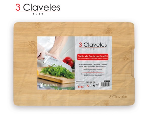 3CL04665  TABLA DE CORTE 3 CLAVELES  BAMBÚ 33CMX23CMX2CM