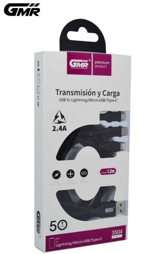 GMR3504  CABLE TRIPLE LIGHTNING/MICROUSB/TIPO C, 1,2 METROS