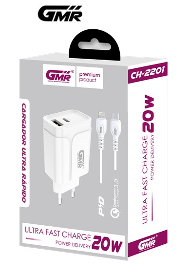 GMRCH2201  ALIMENTADOR USB GMR 3A QC PD 20W+CABLE C A LIGHTNING