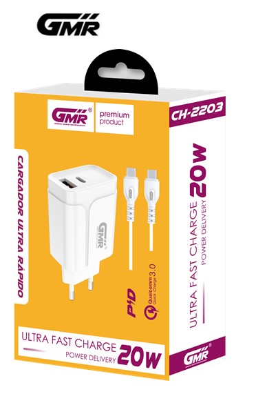 GMRCH2203  ALIMENTADOR USB GMR 3A QC PD 20W+ CABLE C A C