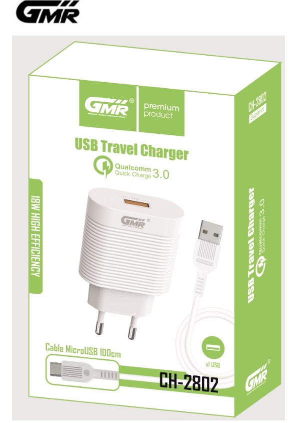 GMRCH2802  ALIMENTADOR USB GMR 3A QUICK CHARGE + CABLE MICRO USB