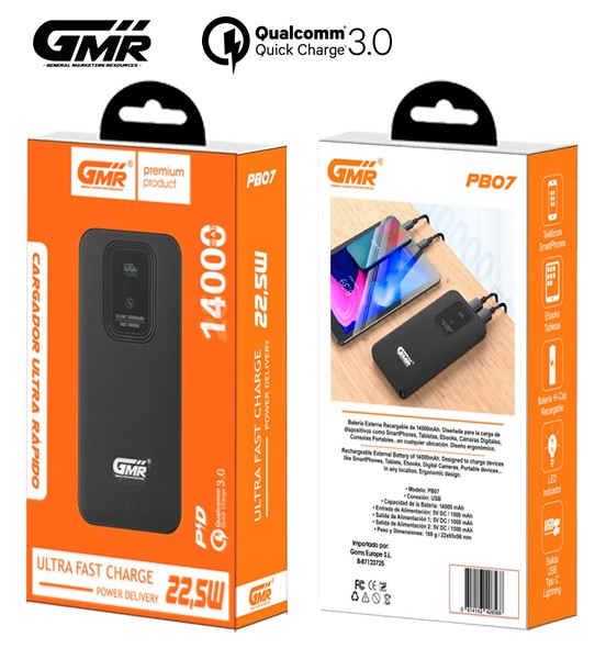 GMRPB07NG  POWER BANK GMR PB07 14000 mAh CARGA RÁPIDA NEGRO