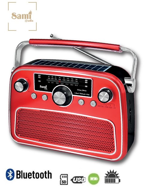 SAMRS11847  RADIO SAMI 3 BANDAS VINTAGE PANEL SOLAR ROJO