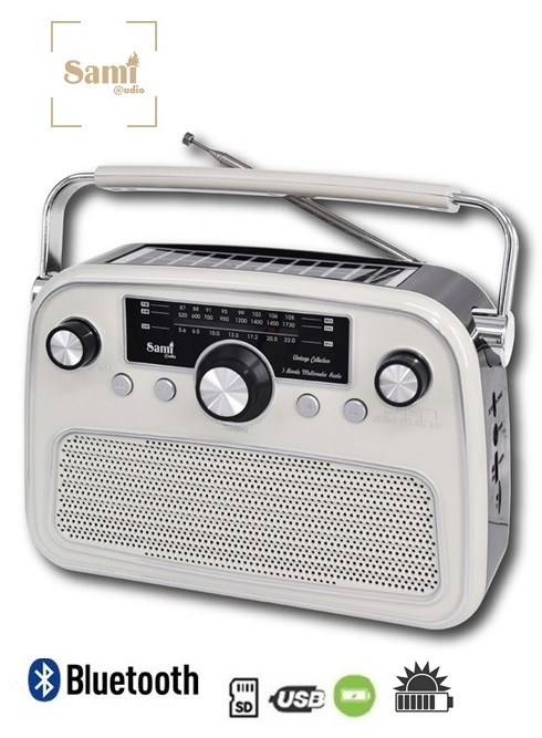 SAMRS11848  RADIO SAMI 3 BANDAS VINTAGE PANEL SOLAR CREMA